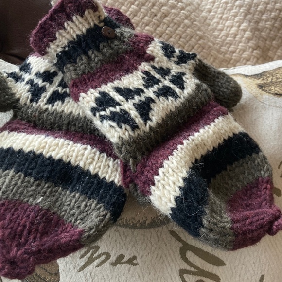 Wool Gloves Mittens Fleece Lining Convertible Handmade in Nepal Unisex - Picture 1 of 9